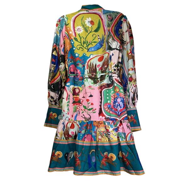 Boho Graffiti M Button Party Dress Novelty All-Over Fantasy Print Flounce Hem - Picture 3 of 9